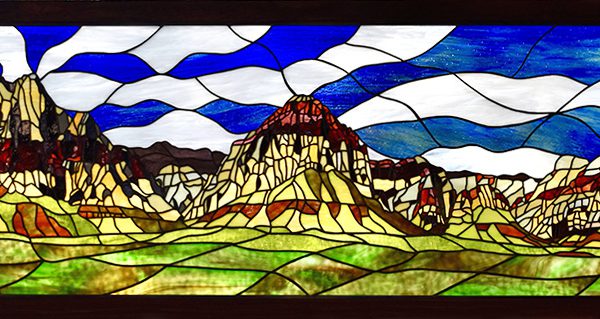 Save Red Rock Glass Panel Front View by Artist Christine Curtis Wilson