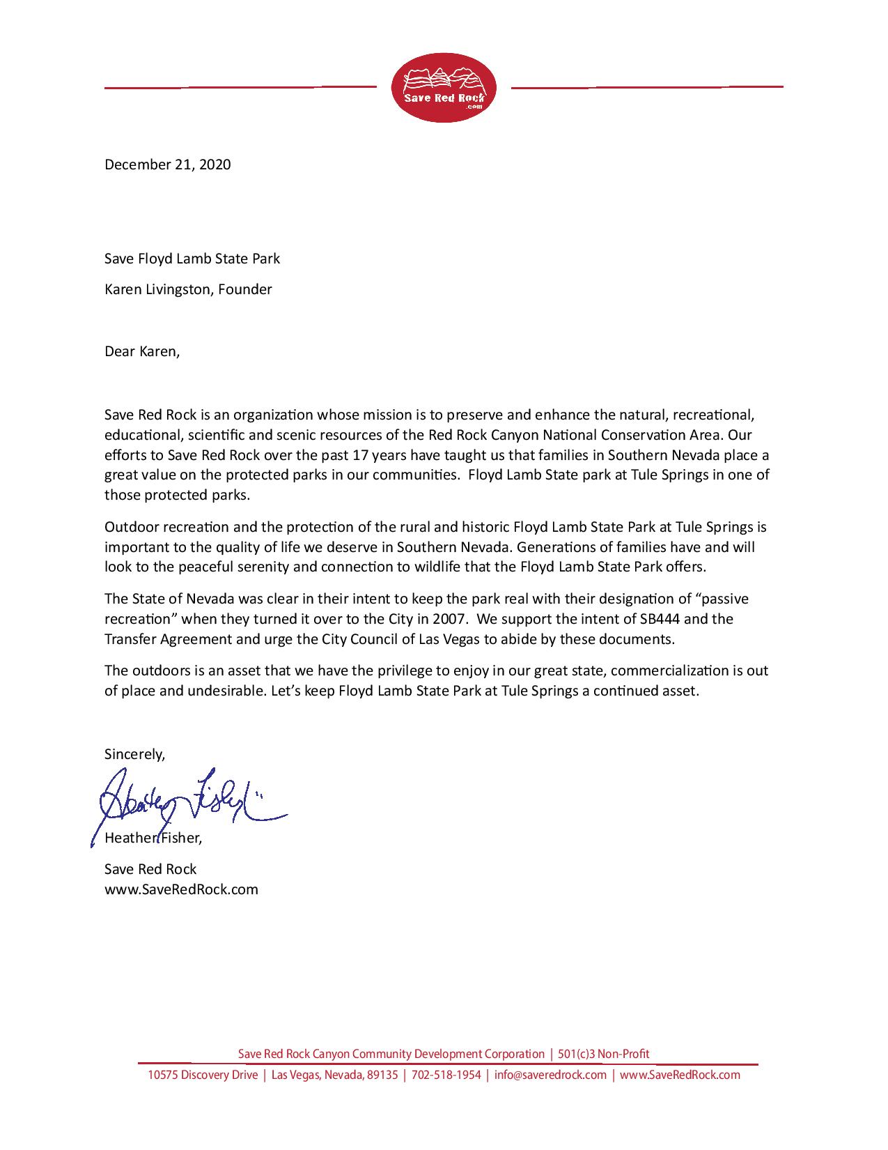 Letter of Support for Tule Springs Save Red Rock Canyon