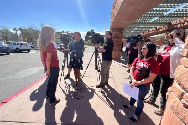 Save Red Rock President, Heather Fisher, speaking to the media.